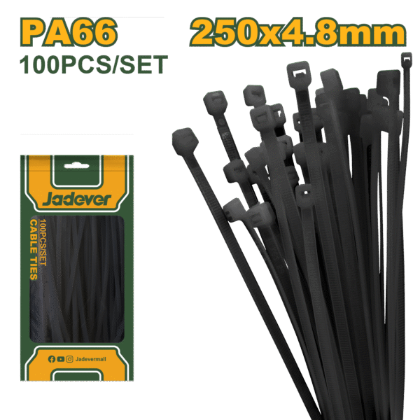 JADEVER Cable Ties – 250×4.8mm, Black, Nylon 66, 100 Pcs Set (JDTEB525048)