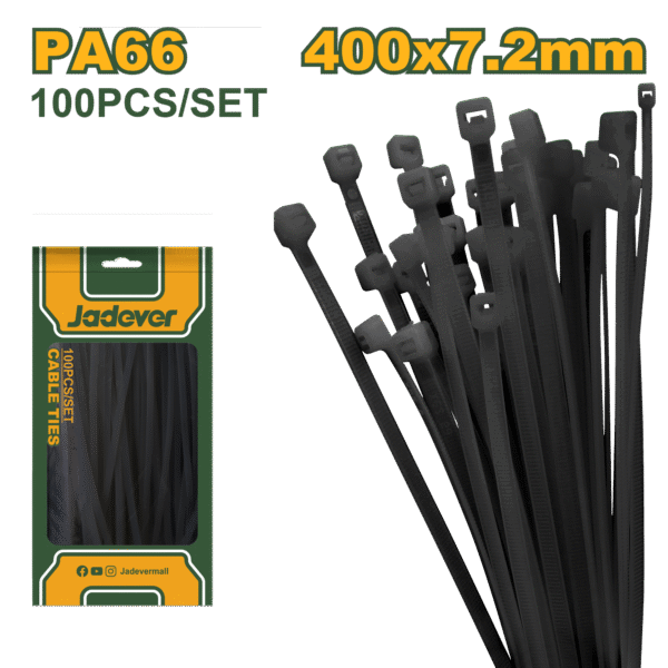 JADEVER Cable Ties – 400×7.2mm, Black, Nylon 66, 100 Pcs Set (JDTEB540072)