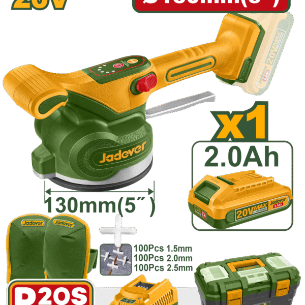 JADEVER Cordless Tile Vibration Machine – 20V, 10000rpm, with Battery, Charger & Accessories (JDTVM1D125)