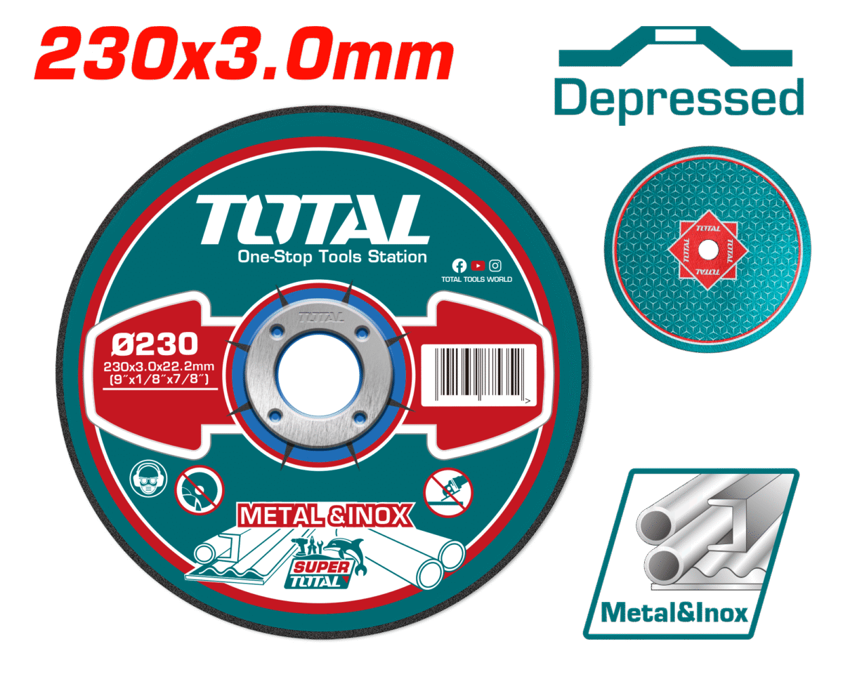 ديسك قص معادن خشن – 230×3.0×22.2 ملم، مركز منخفض، للحديد والستانلس من توتال (TAC2212301HA)