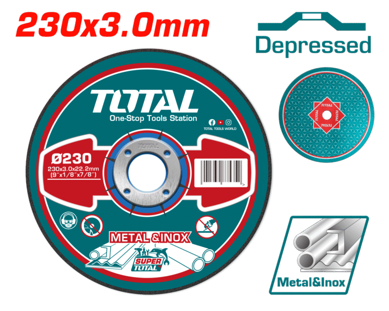 TOTAL Abrasive Metal Cutting Disc – 230mm x 3.0mm x 22.2mm, Depressed Centre, for Metal & Inox (TAC2212301HA)