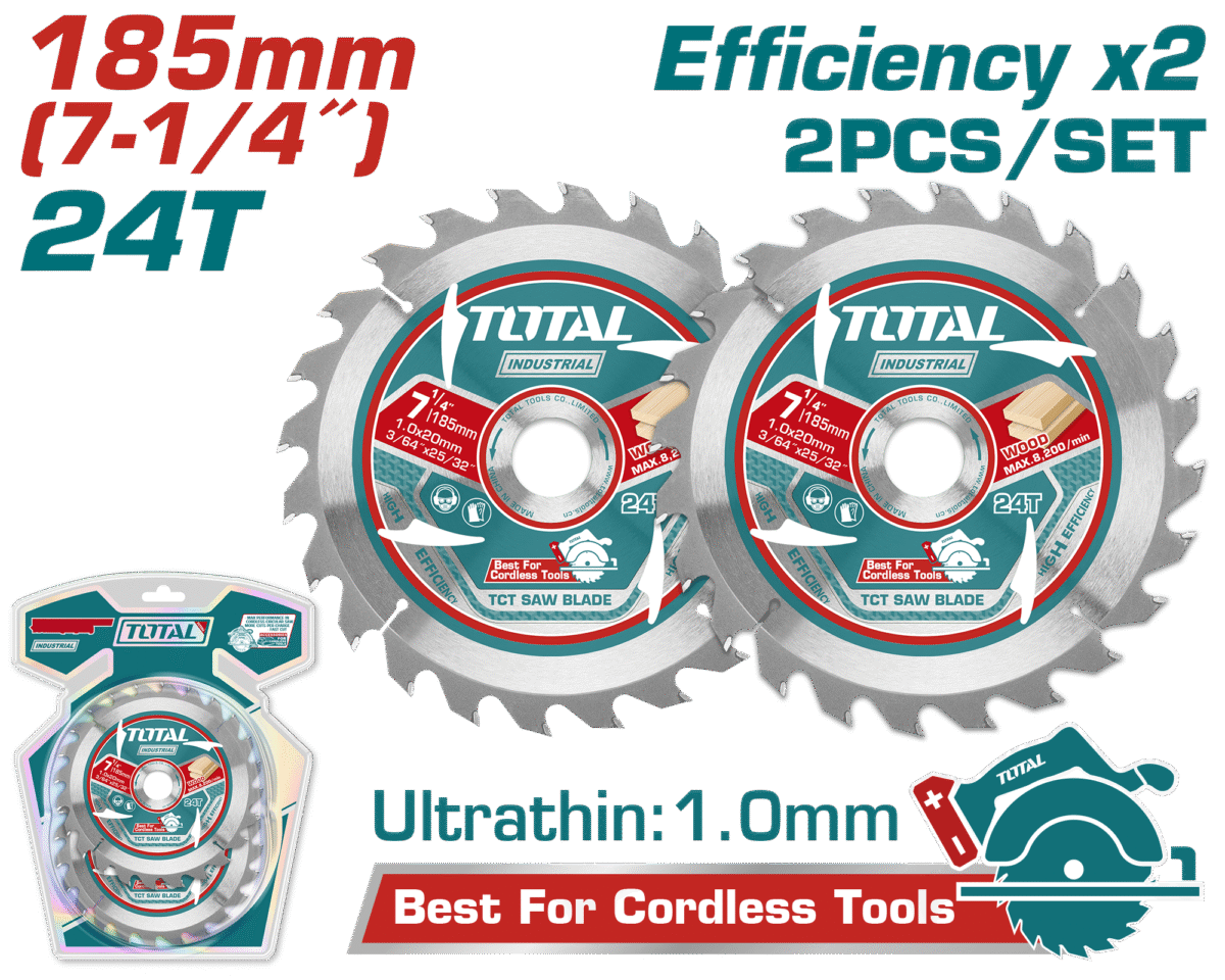 TOTAL Ultra-Thin TCT Saw Blade 2Pcs Set 185mm – 24 Teeth for Lithium-Ion Circular Saw (TAC2331853)