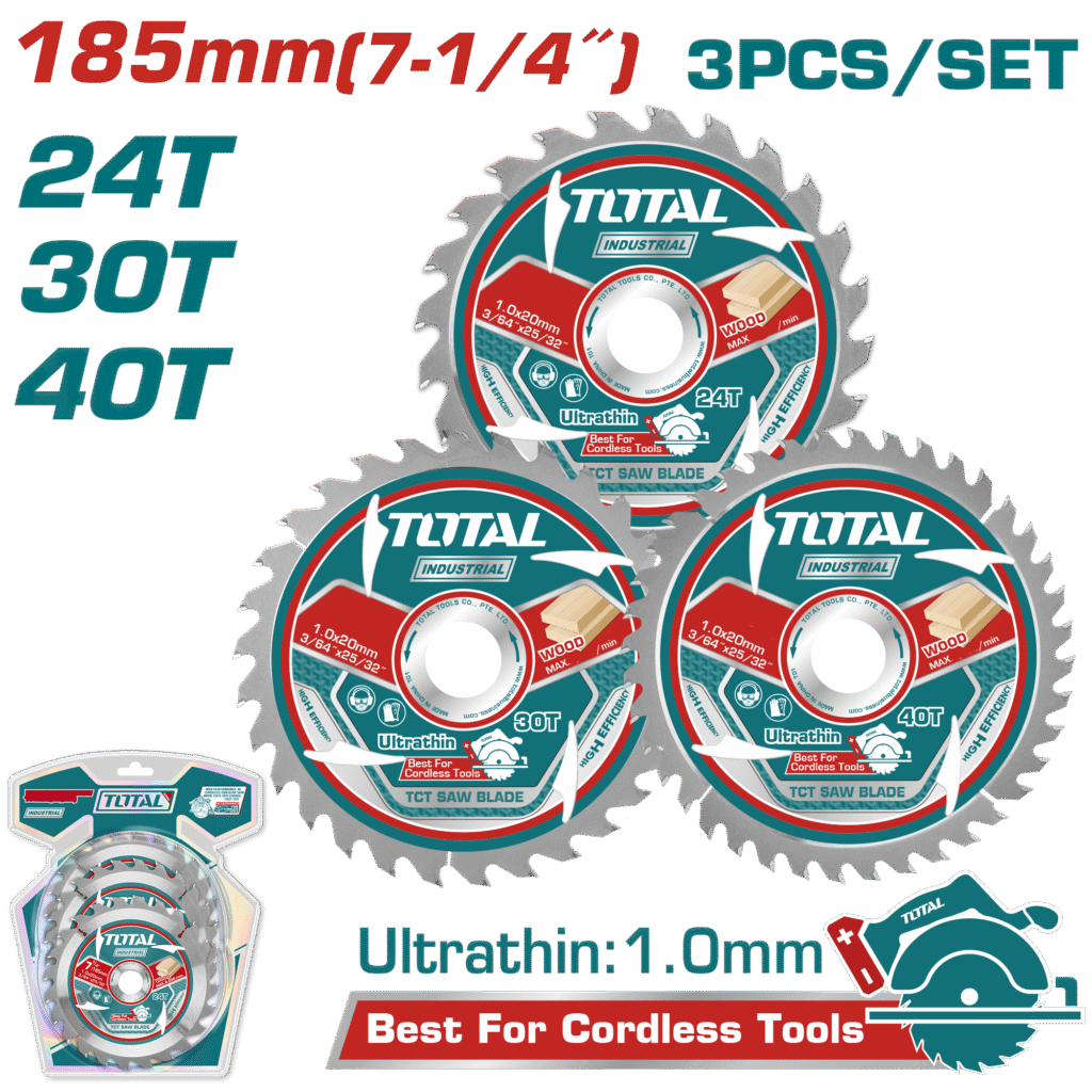 TOTAL 3 Pcs Ultra-Thin TCT Saw Blade Set – 185mm for Wood Cutting (TAC236185)
