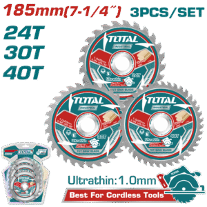 TOTAL 3 Pcs Ultra-Thin TCT Saw Blade Set – 185mm for Wood Cutting (TAC236185)