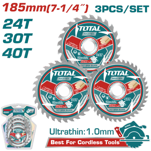 TOTAL 3 Pcs Ultra-Thin TCT Saw Blade Set – 185mm for Wood Cutting (TAC236185)