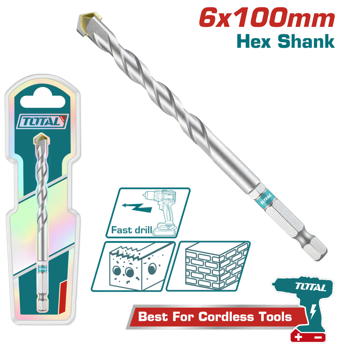 TOTAL Masonry Drill Bit – 6x100mm Hex Shank for Concrete, Brick & Block (TAC280610)