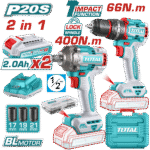 TOTAL Cordless 2-Piece Combo Kit – 20V Brushless Impact Drill 66Nm & Wrench 400Nm, 2 Batteries + Accessories (TCKLI20275)