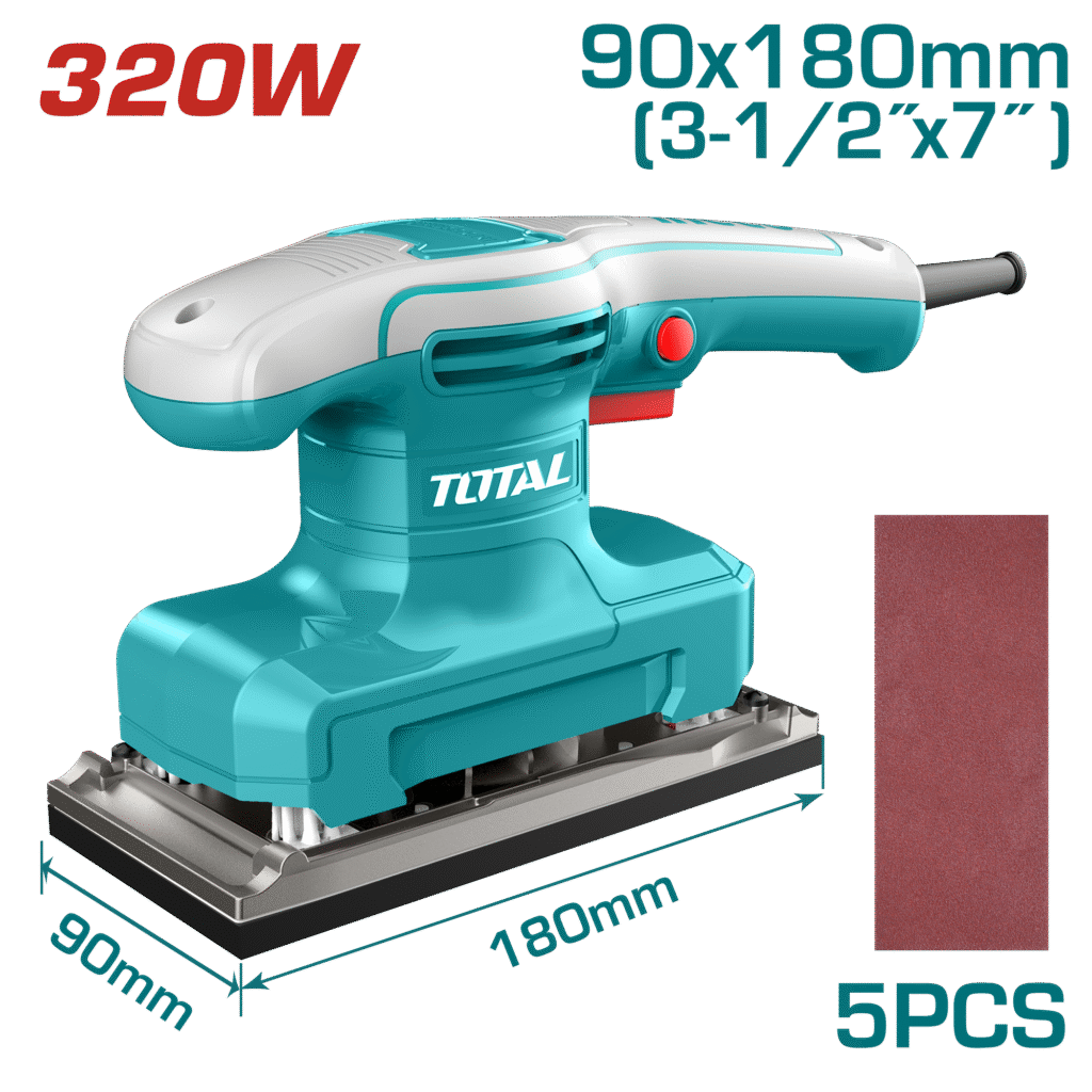 TOTAL Finishing Sander – 320W, 14000rpm, 90×180mm Aluminum Base with Sandpapers (TF1301836)