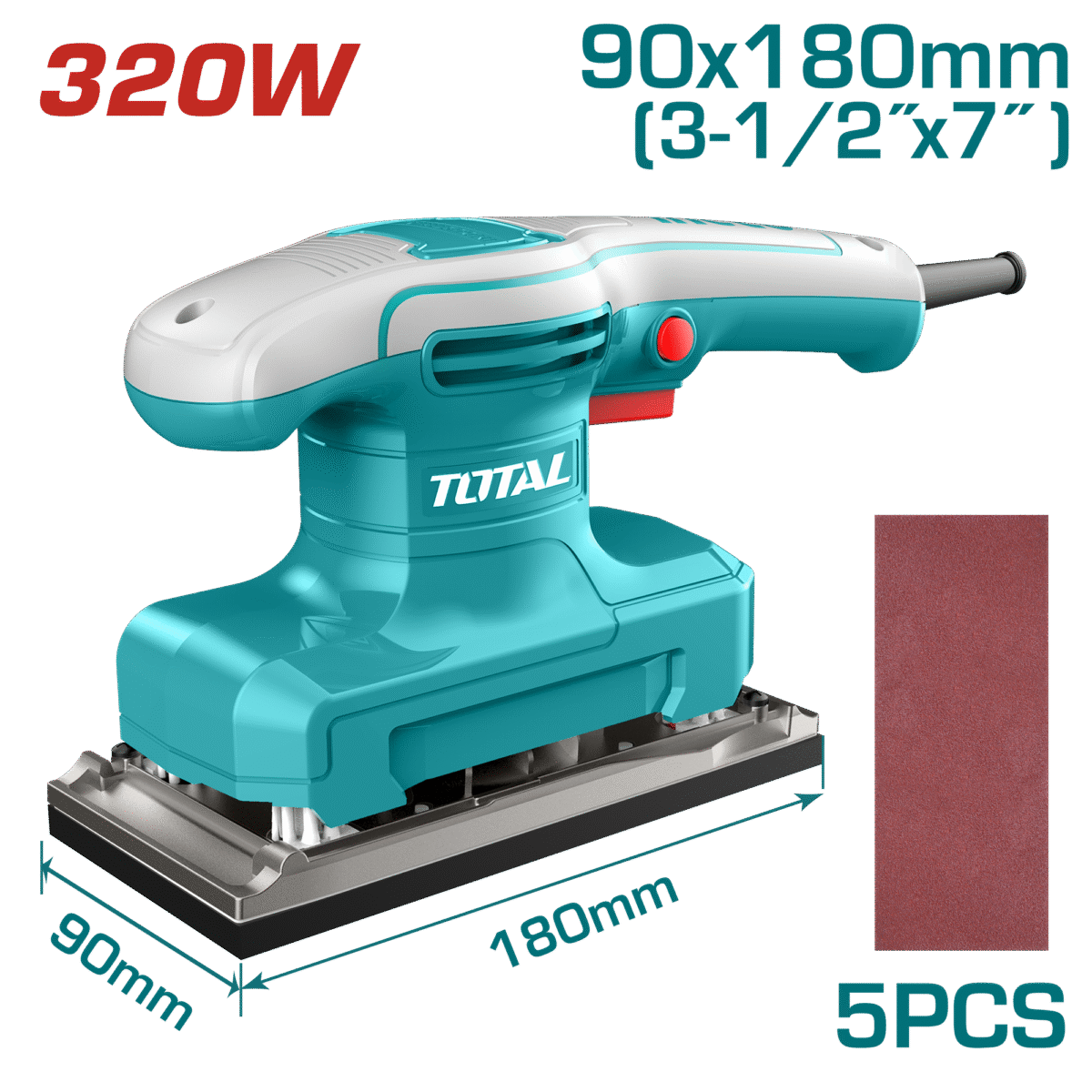 TOTAL Finishing Sander – 320W, 14000rpm, 90×180mm Aluminum Base with Sandpapers (TF1301836)