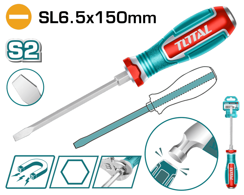 TOTAL Slotted Go-Through Screwdriver SL6.5 – 150mm Magnetic S2 Steel (TGTSL6150)