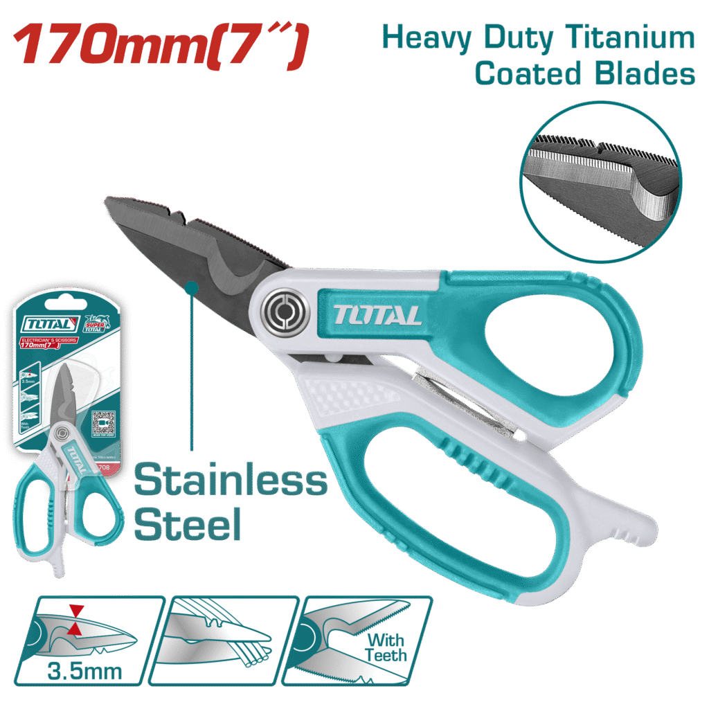 TOTAL Electrician’s Scissors – 170mm - 7" with Wire Stripper & Cable Cutter (THES051708)
