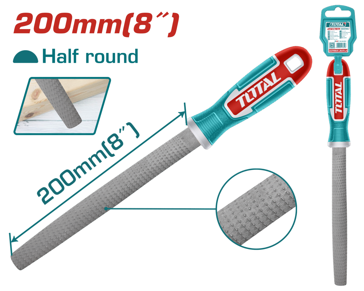 TOTAL Half Round Wood File 200mm (8") – Carbon Steel, Dual-Surface Hand File (THT91686)