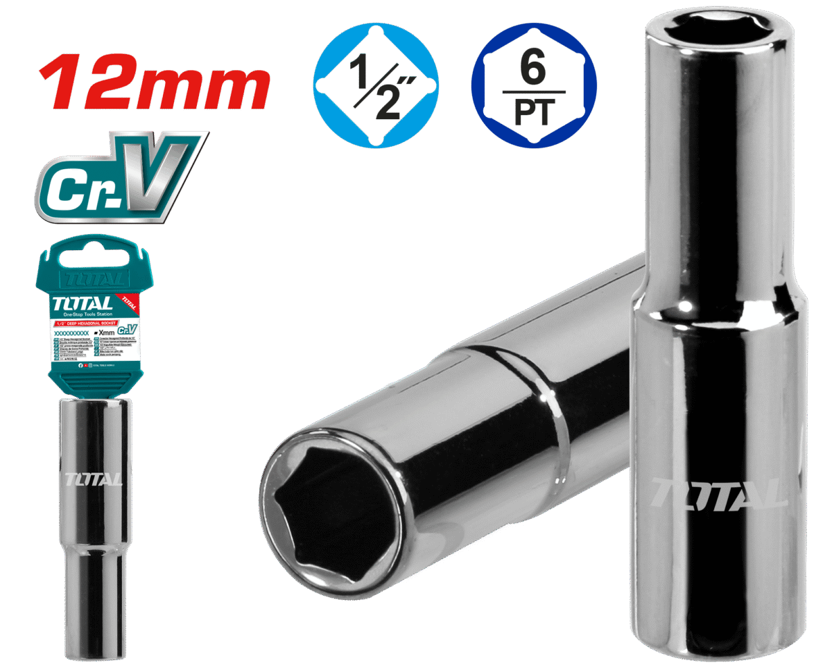 TOTAL 1/2" Deep Hexagonal Socket 12mm – 6 Point, 50BV30 Steel, Black Nickel Finish (THTST12123L)