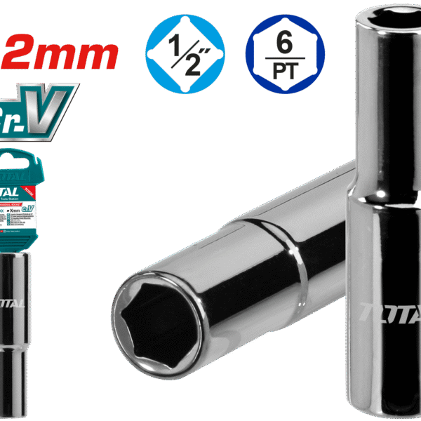 TOTAL 1/2" Deep Hexagonal Socket 12mm – 6 Point, 50BV30 Steel, Black Nickel Finish (THTST12123L)