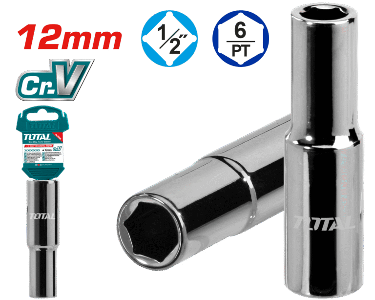 TOTAL 1/2" Deep Hexagonal Socket 12mm – 6 Point, 50BV30 Steel, Black Nickel Finish (THTST12123L)
