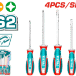 طقم مفكات 4 قطع – مغناطيسي، شفرات S2، قبضة مريحة، رأس عادي وفيليبس من توتال (TKSDS0426)