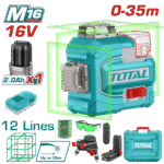 TOTAL Cordless 3D Green Laser Level – 16V, 360° Lines, Self-Leveling, with Battery & Accessories (TLL301201)