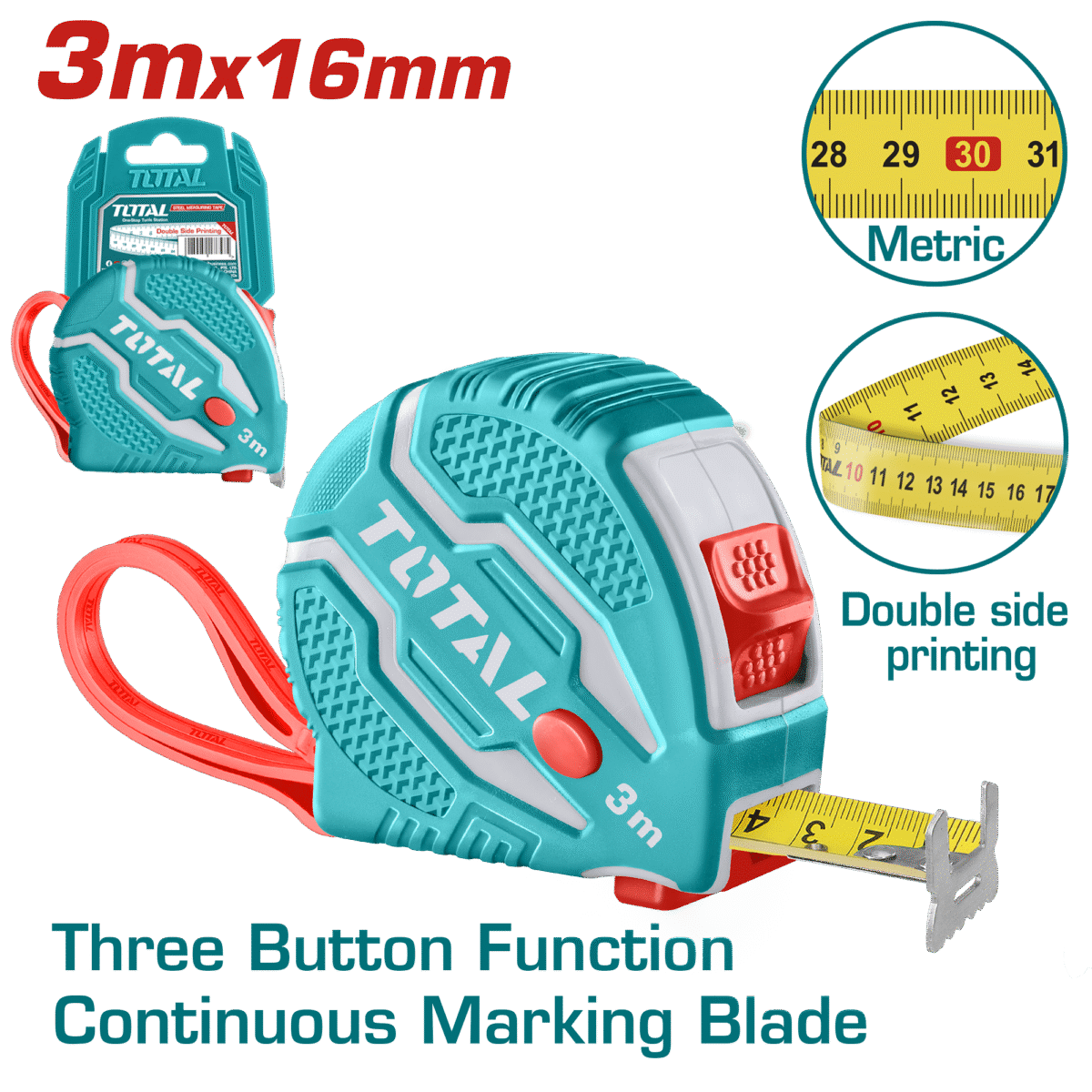TOTAL Steel Measuring Tape 3m x 16mm with Rubber Cover and 3-Stop Button (TMT126031M)