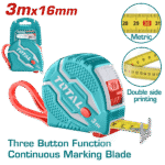 متر قياس حديد 3م × 16مم مع غطاء مطاطي وأزرار توقف من توتال (TMT126031M)