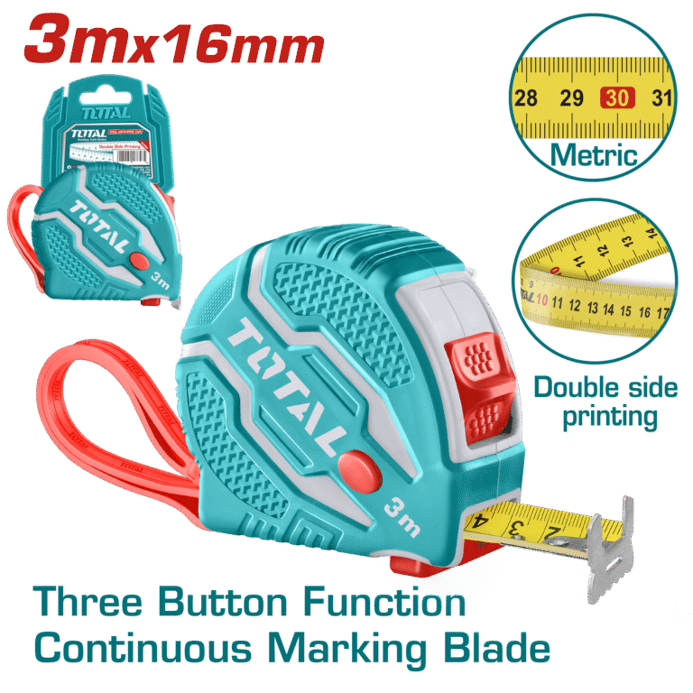 TOTAL Steel Measuring Tape 3m x 16mm with Rubber Cover and 3-Stop Button (TMT126031M)