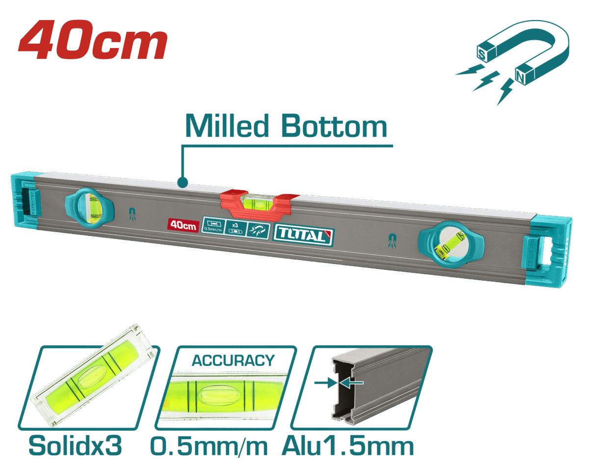 TOTAL Spirit Level with Powerful Magnets 40cm – Double Side Milled, 3 Strong Magnets (TMT24028M)