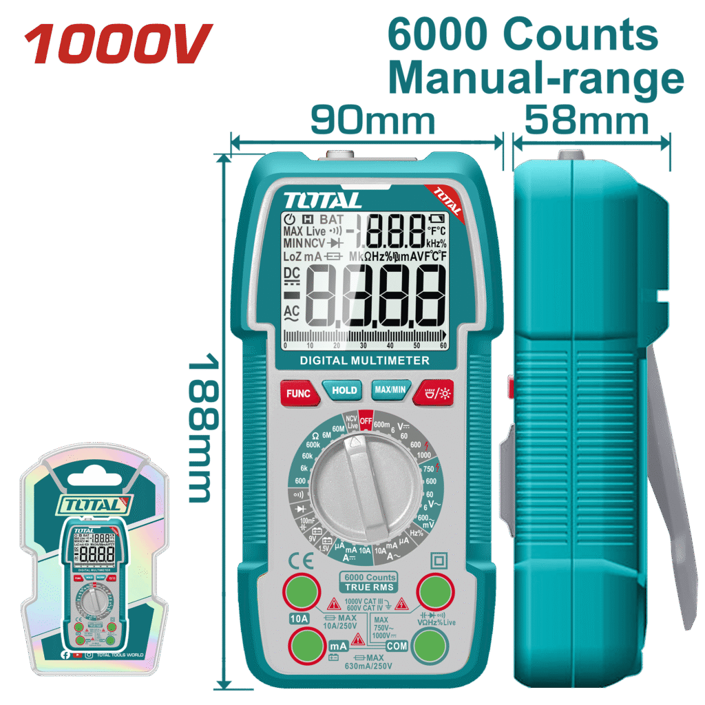 ملتيميتر رقمي 1000 فولت – شاشة TRMS بعداد 6000، قياس DC/AC، مع NCV وكشاف من توتال (TMT5310002)