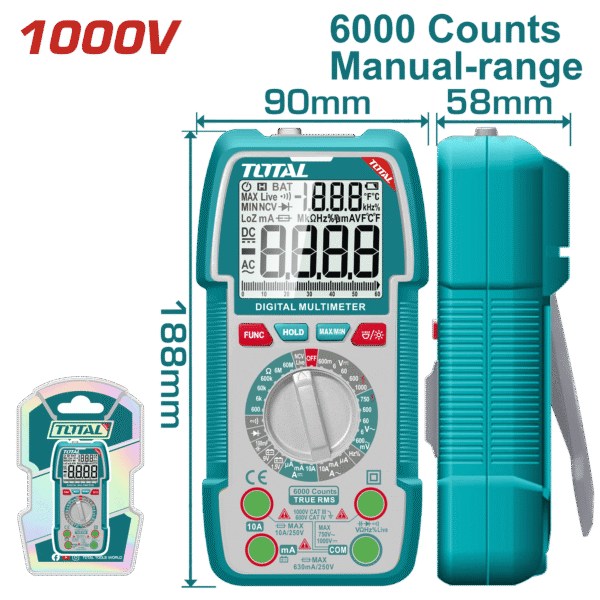 ملتيميتر رقمي 1000 فولت – شاشة TRMS بعداد 6000، قياس DC/AC، مع NCV وكشاف من توتال (TMT5310002)