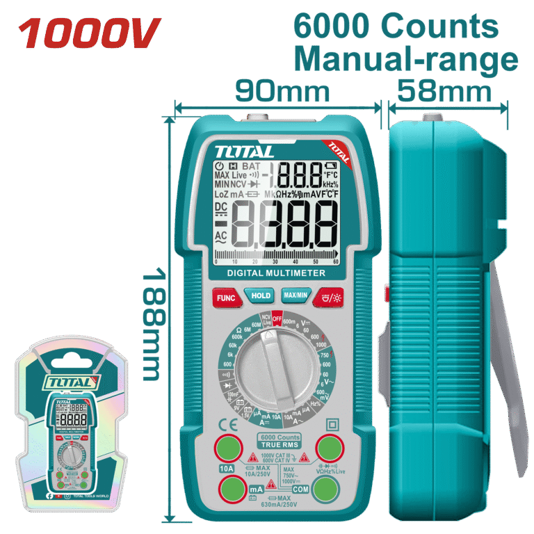 ملتيميتر رقمي 1000 فولت – شاشة TRMS بعداد 6000، قياس DC/AC، مع NCV وكشاف من توتال (TMT5310002)