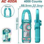 TOTAL Digital AC Clamp Meter 400A – TRMS 4000 Counts, NCV, Diode & Capacitance Test (TMT762001)