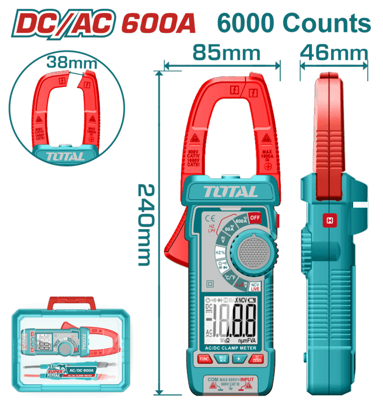 كلامب ميتر 600 أمبير DC/AC - بعداد 6000 TRMS مع قياس الحرارة والتردد والتيار اللحظي من توتال (TMT766002)
