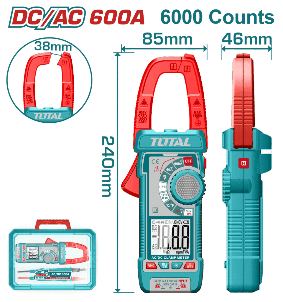 كلامب ميتر 600 أمبير DC/AC - بعداد 6000 TRMS مع قياس الحرارة والتردد والتيار اللحظي من توتال (TMT766002)