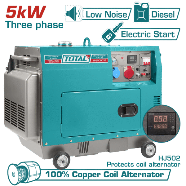 TOTAL Silent Diesel Generator 9.0HP – 3-Phase, 5kW Max Power, Air-Cooled (TP2500032)