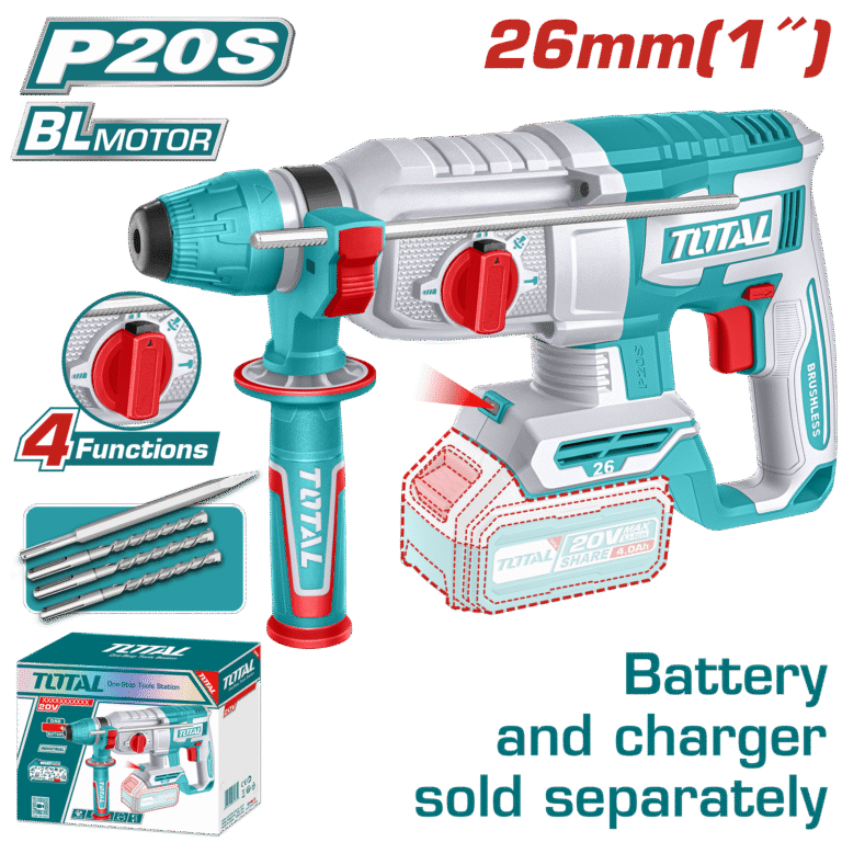 TOTAL Cordless Rotary Hammer 20V – SDS Plus, Brushless Motor, 2.5J Impact, Battery & Charger Sold Separately (TRHLI20268)