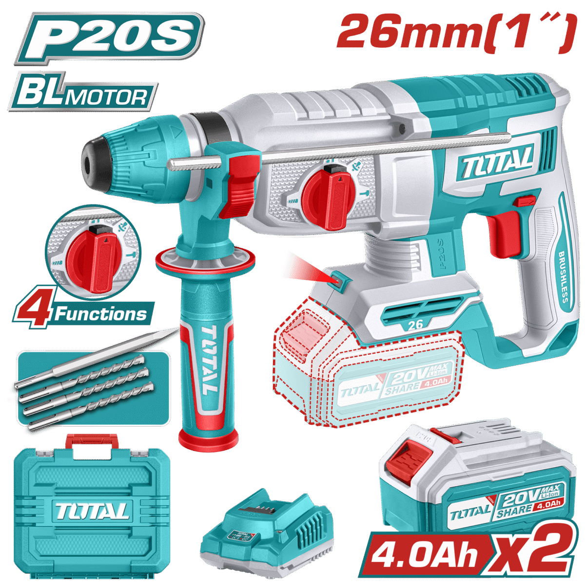 TOTAL Cordless Rotary Hammer 20V Brushless Motor – 2.5J, SDS Plus, 2×4.0Ah Batteries Included (TRHLI202682)