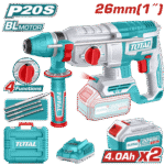 TOTAL Cordless Rotary Hammer 20V Brushless Motor – 2.5J, SDS Plus, 2×4.0Ah Batteries Included (TRHLI202682)