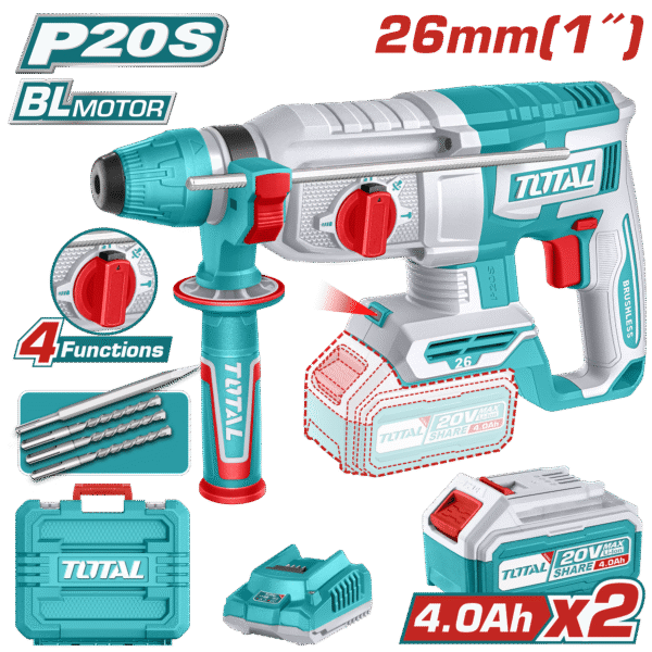TOTAL Cordless Rotary Hammer 20V Brushless Motor – 2.5J, SDS Plus, 2×4.0Ah Batteries Included (TRHLI202682)