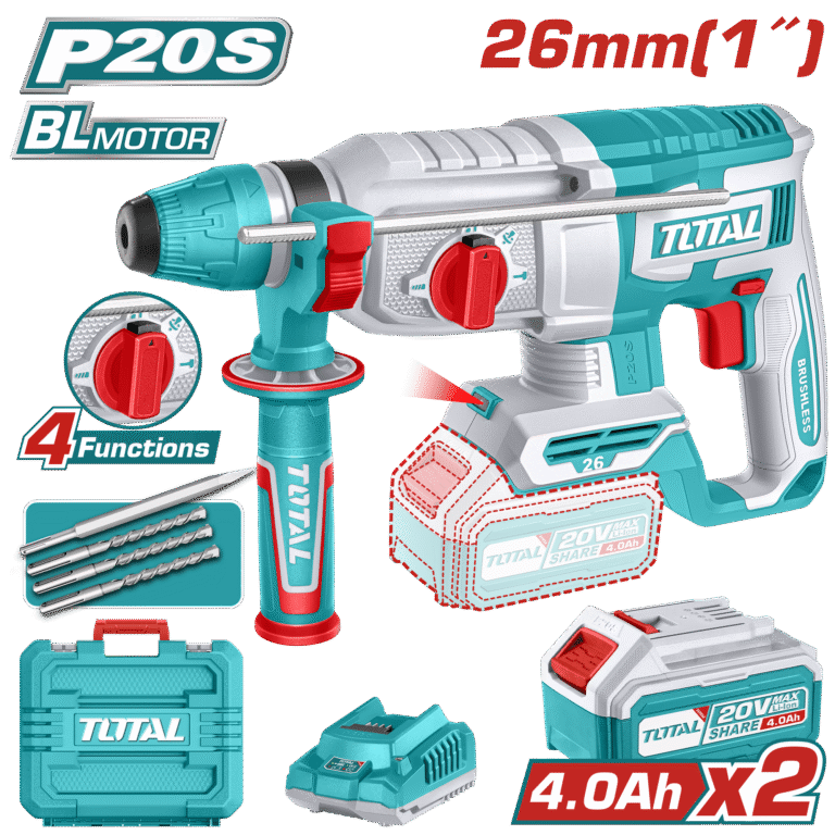 TOTAL Cordless Rotary Hammer 20V Brushless Motor – 2.5J, SDS Plus, 2×4.0Ah Batteries Included (TRHLI202682)