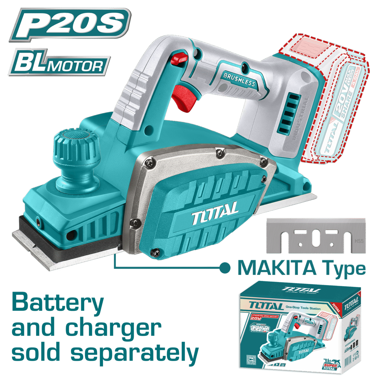 TOTAL Cordless Planer 20V – 82mm Width, 2mm Depth, Aluminum Base, Battery & Charger Sold Separately (TRLI20401)
