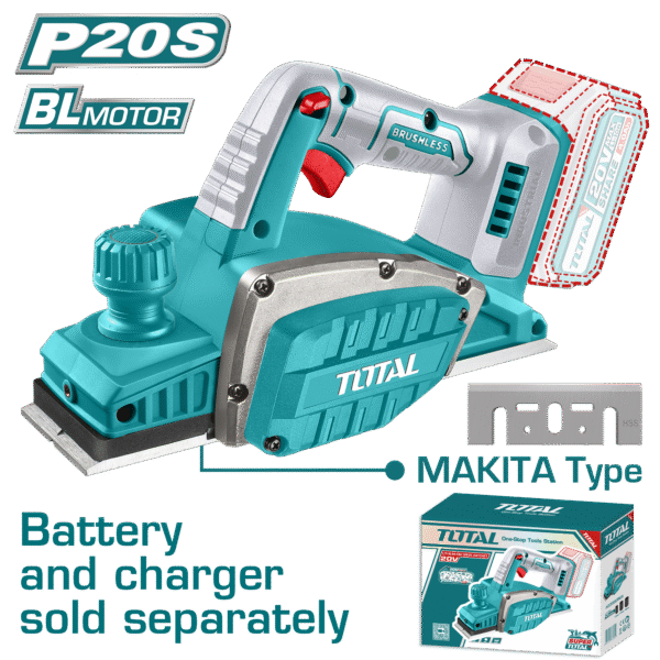 TOTAL Cordless Planer 20V – 82mm Width, 2mm Depth, Aluminum Base, Battery & Charger Sold Separately (TRLI20401)