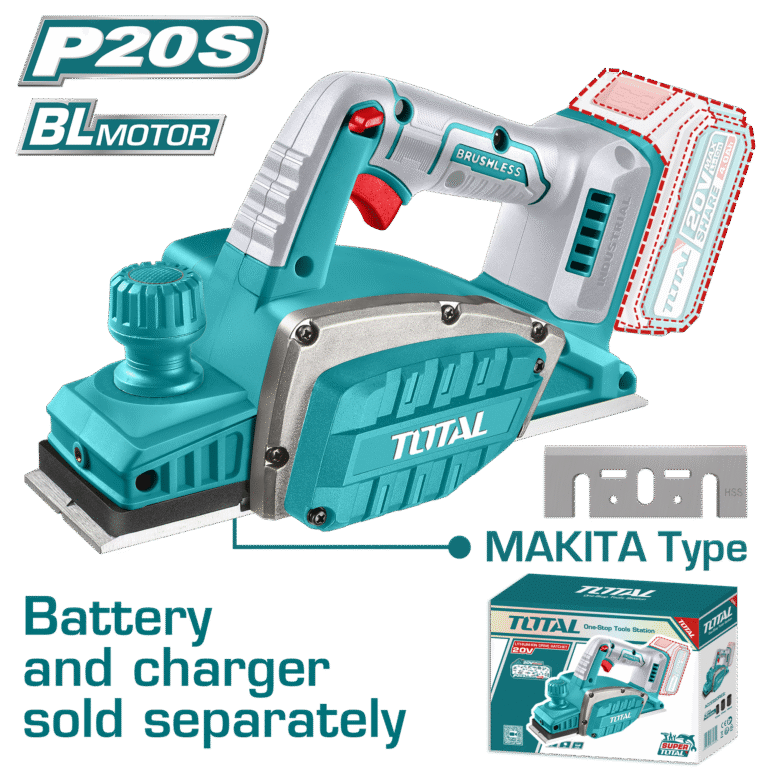 TOTAL Cordless Planer 20V – 82mm Width, 2mm Depth, Aluminum Base, Battery & Charger Sold Separately (TRLI20401)