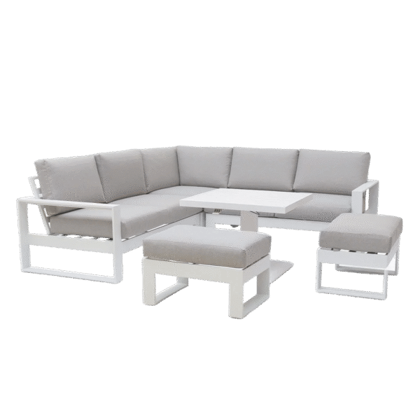 Maze Amalfi Square Aluminum Corner Dining Set with Rising Table & Footstools – White with Pearl Grey Cushions
