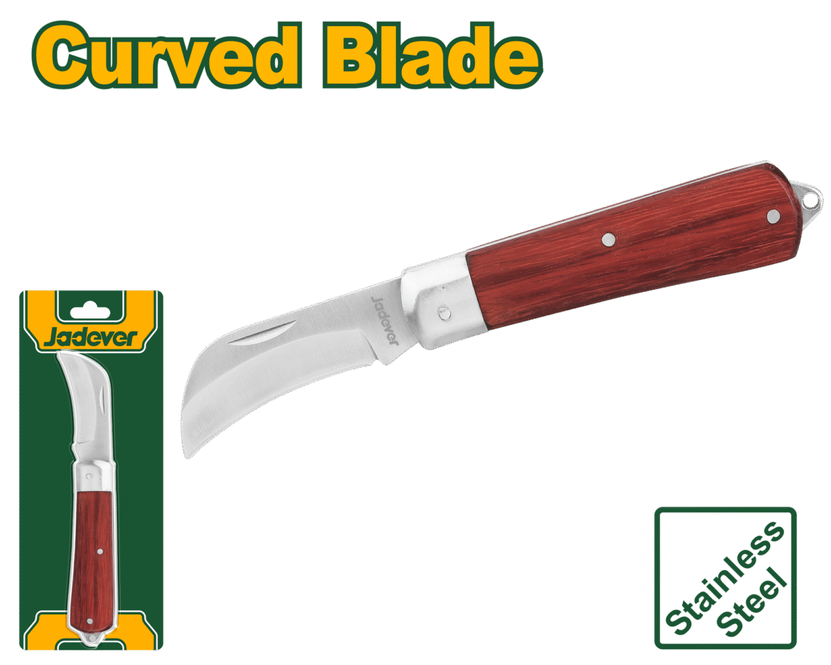 JADEVER Cable Stripping Knife with Bent Head and Wooden Handle – 198mm (JDCSK3602)