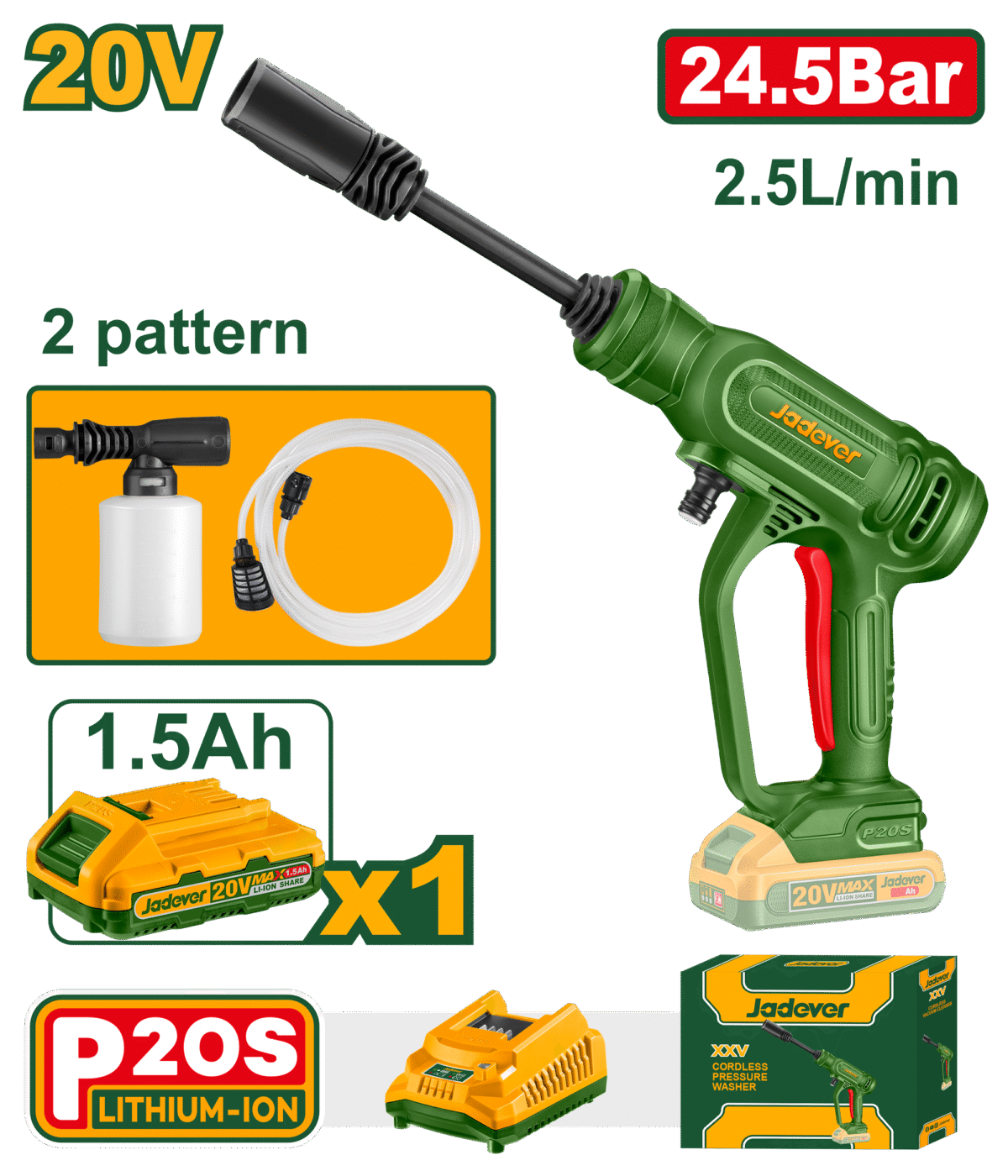 JADEVER Cordless Pressure Washer 20V – Portable High-Pressure Cleaning Kit (JDQX01202)