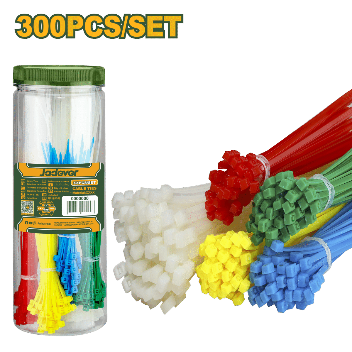 JADEVER 300 Pcs Nylon Cable Ties Set – Multi-Color, Strong & Durable (JDTE87521)
