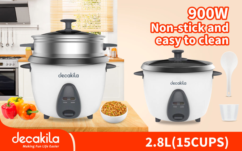 طباخة أرز كهربائية سعة 2.8 لتر – 900 واط مع سلة بخار ومغرفة وكوب قياس من ديكاكيلا (KEER035W)