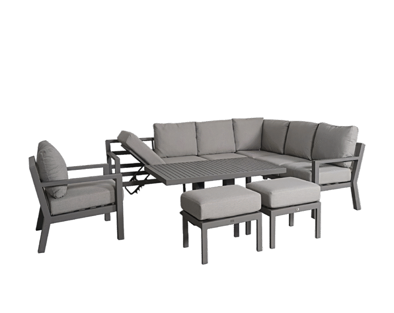 Aluminium Outdoor Corner Sofa Set with Rising Table, Footstools & Adjustable Recliner