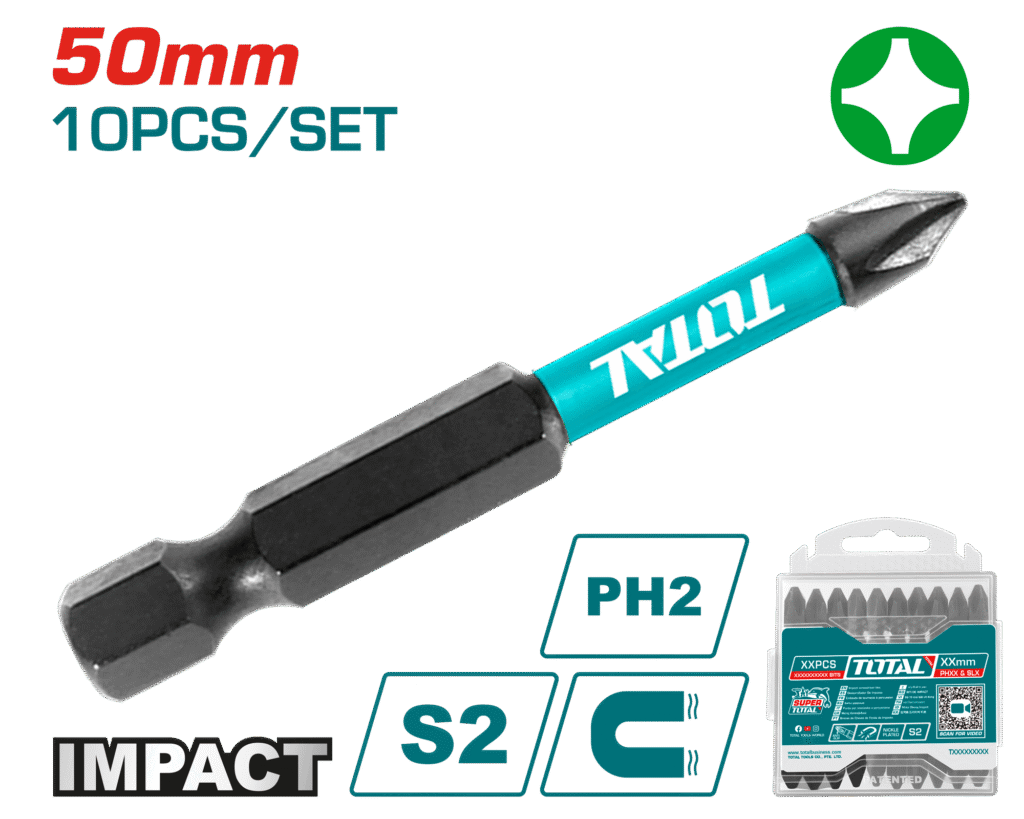 طقم راسيات درل PH2 بطول 50mm – عدد 10 قطع، مغناطيسية ومقاومة للكسر من توتال (TACIM16PH223)