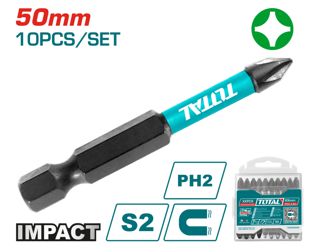 طقم راسيات درل PH2 بطول 50mm – عدد 10 قطع، مغناطيسية ومقاومة للكسر من توتال (TACIM16PH223)