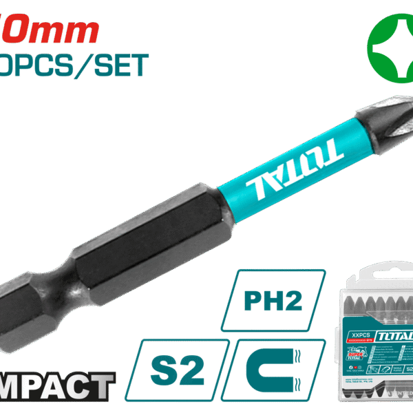 طقم راسيات درل PH2 بطول 50mm – عدد 10 قطع، مغناطيسية ومقاومة للكسر من توتال (TACIM16PH223)