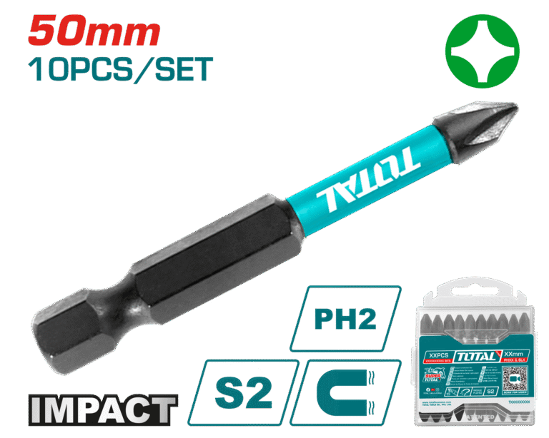 طقم راسيات درل PH2 بطول 50mm – عدد 10 قطع، مغناطيسية ومقاومة للكسر من توتال (TACIM16PH223)